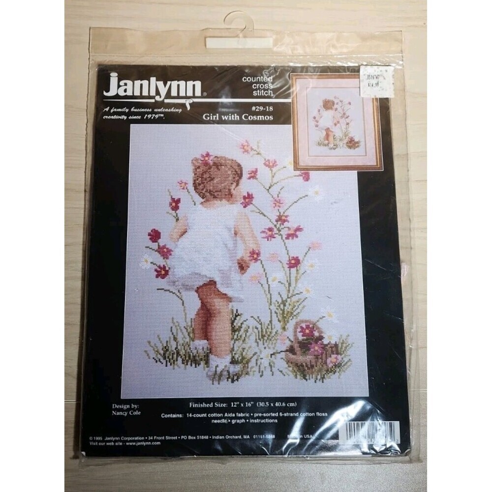 Vtg 1995 Janlynn GIRL WITH COSMOS Counted Cross Stitch Kit 29-18